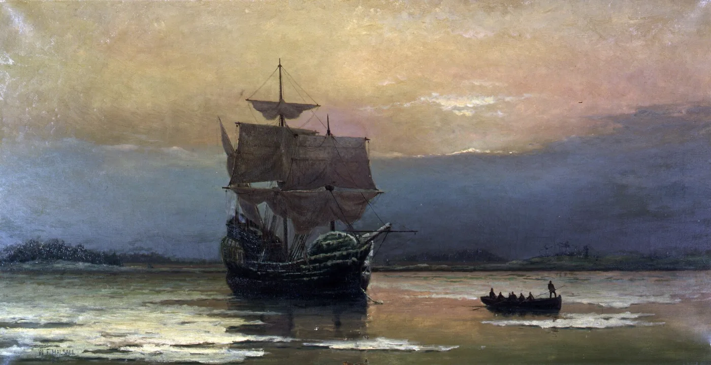 Mayflower carries English separatists to New England historical image 1